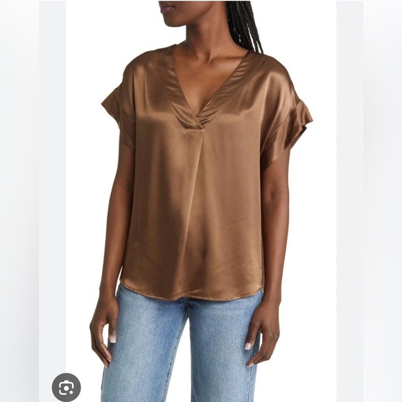 Rails Nala Peat Moss Glossy Vneck Tshirt Short Sleeve Satin NWT